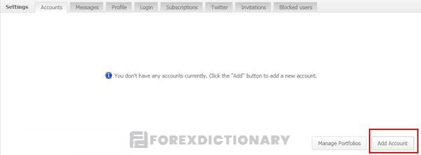 Chọn Add Account liên kết tài khoản giao dịch với Myfxbook